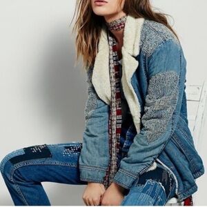 FREE PEOPLE Embroidered Denim Sherpa Jacket - Rare!